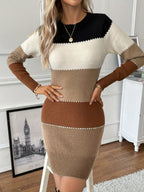 Colorblock bodycon sweater dress with crew neck and long sleeves - view 2