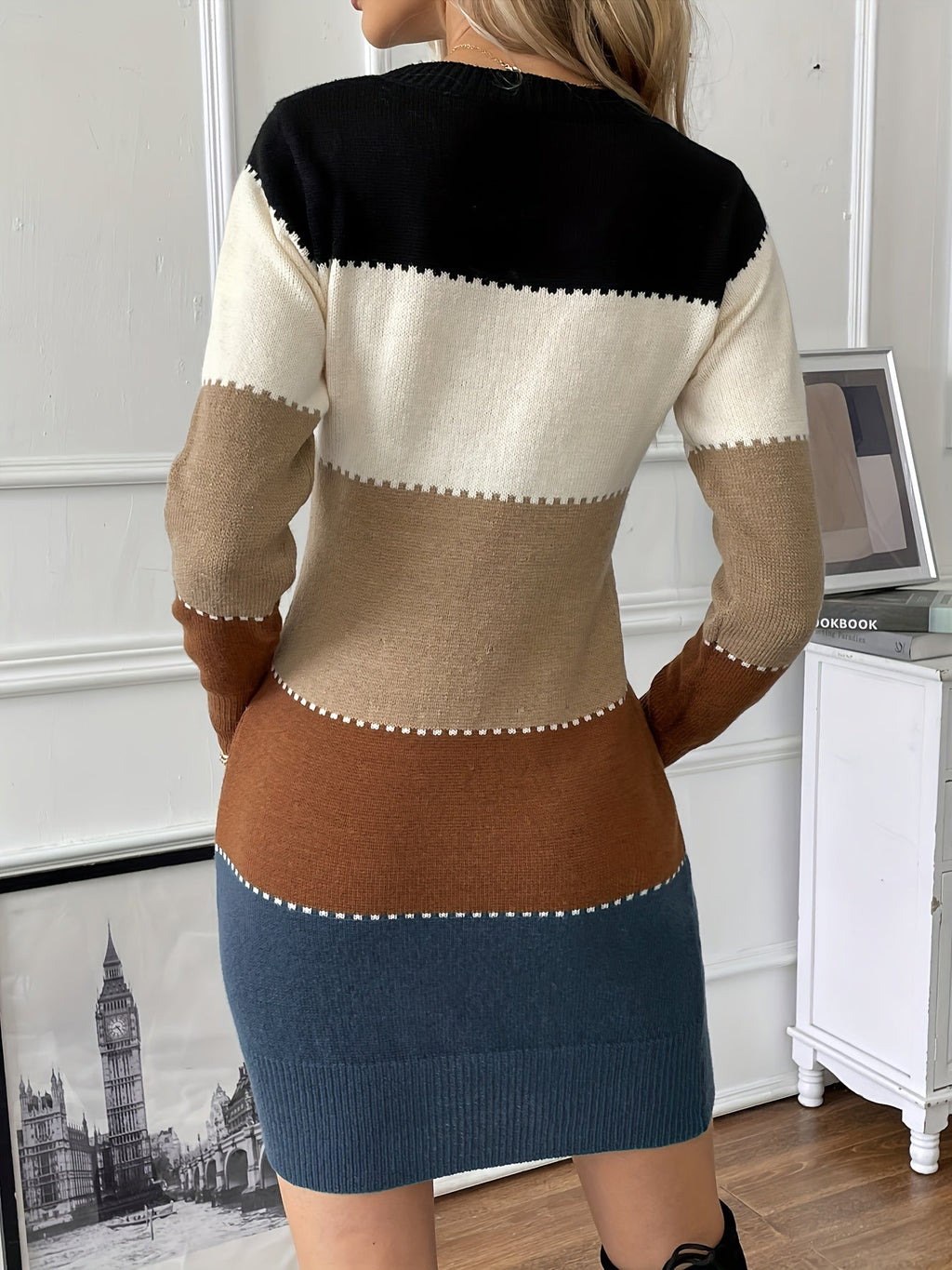 Colorblock bodycon sweater dress with crew neck and long sleeves - view 4