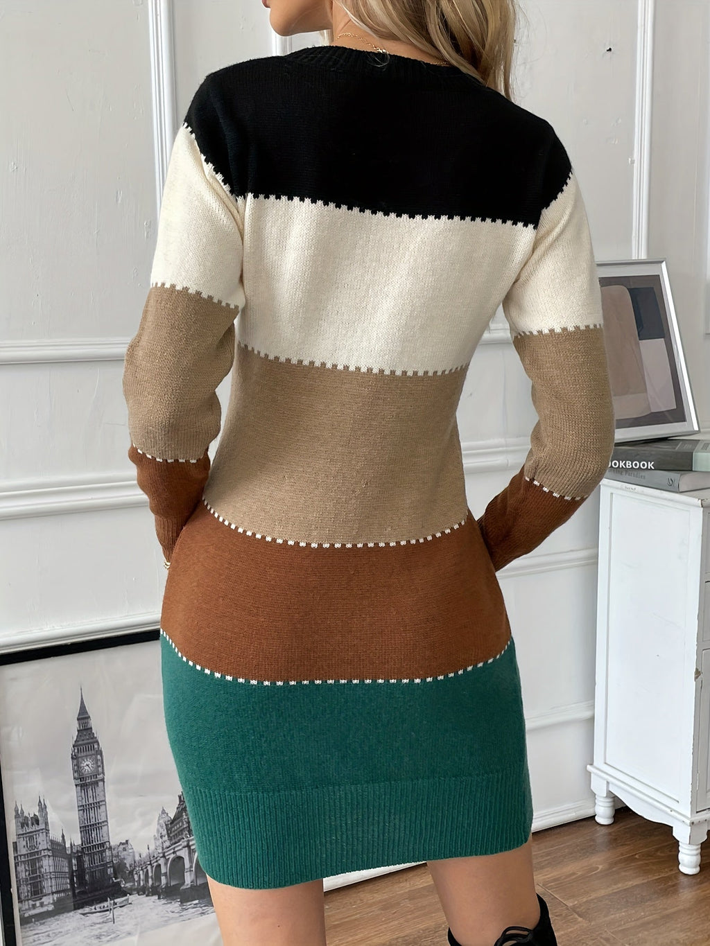 Colorblock bodycon sweater dress with crew neck and long sleeves - view 6