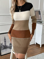 Colorblock bodycon sweater dress with crew neck and long sleeves - view 8