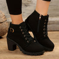 Women's lace-up block heel ankle boots with buckle strap and side zipper