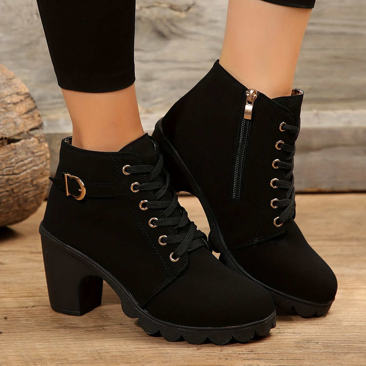 Women's lace-up block heel ankle boots with buckle strap and side zipper