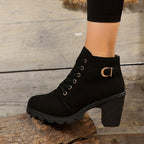 Women's lace-up block heel ankle boots with buckle strap and side zipper - view 3