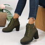 Women's lace-up block heel ankle boots with buckle strap and side zipper - view 4