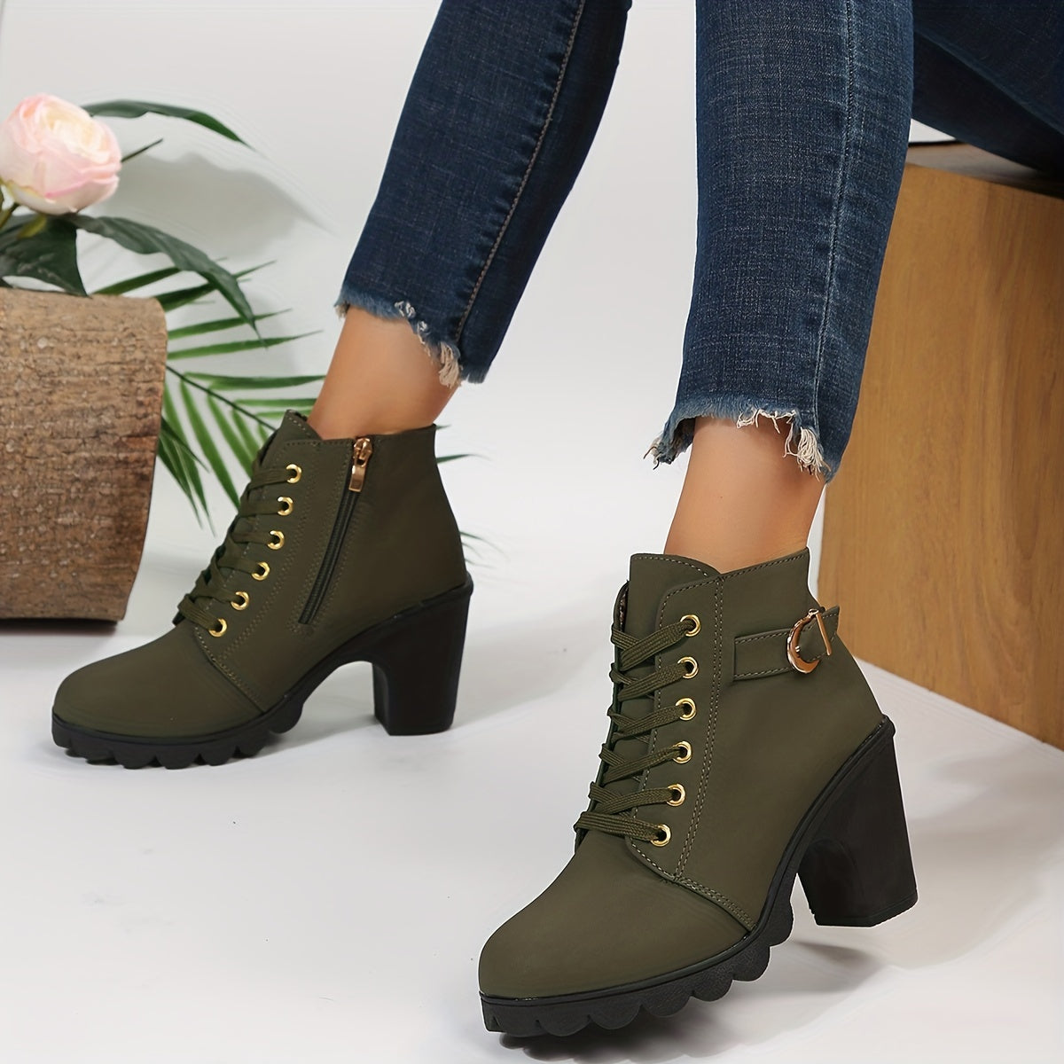 Women's lace-up block heel ankle boots with buckle strap and side zipper - view 4