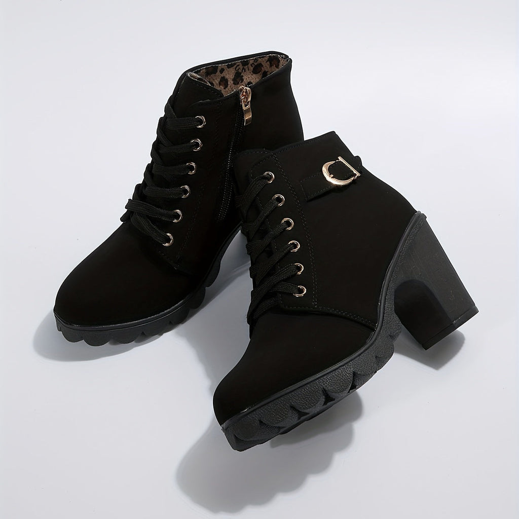Women's lace-up block heel ankle boots with buckle strap and side zipper - view 5