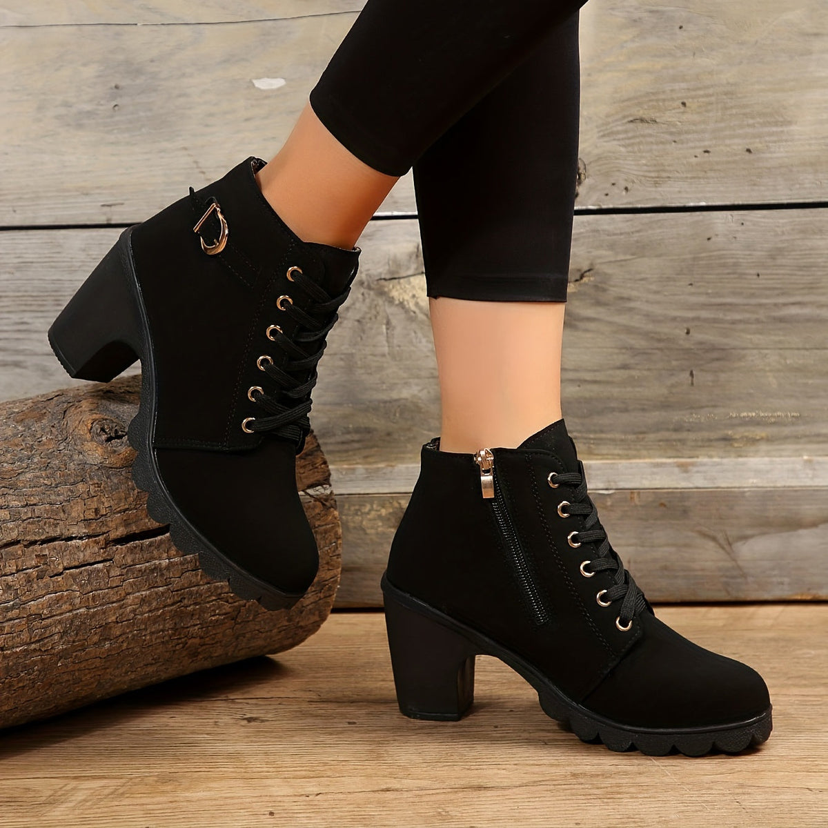 Women's lace-up block heel ankle boots with buckle strap and side zipper - view 6