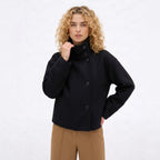 Cropped funnel neck coat for women with asymmetric button front and dropped sleeves - view 2