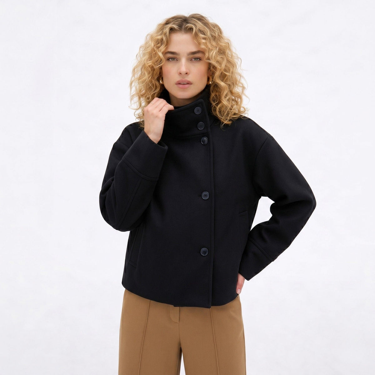 Cropped funnel neck coat for women with asymmetric button front and dropped sleeves - view 2