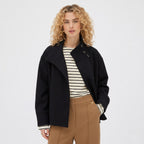 Cropped funnel neck coat for women with asymmetric button front and dropped sleeves - view 4