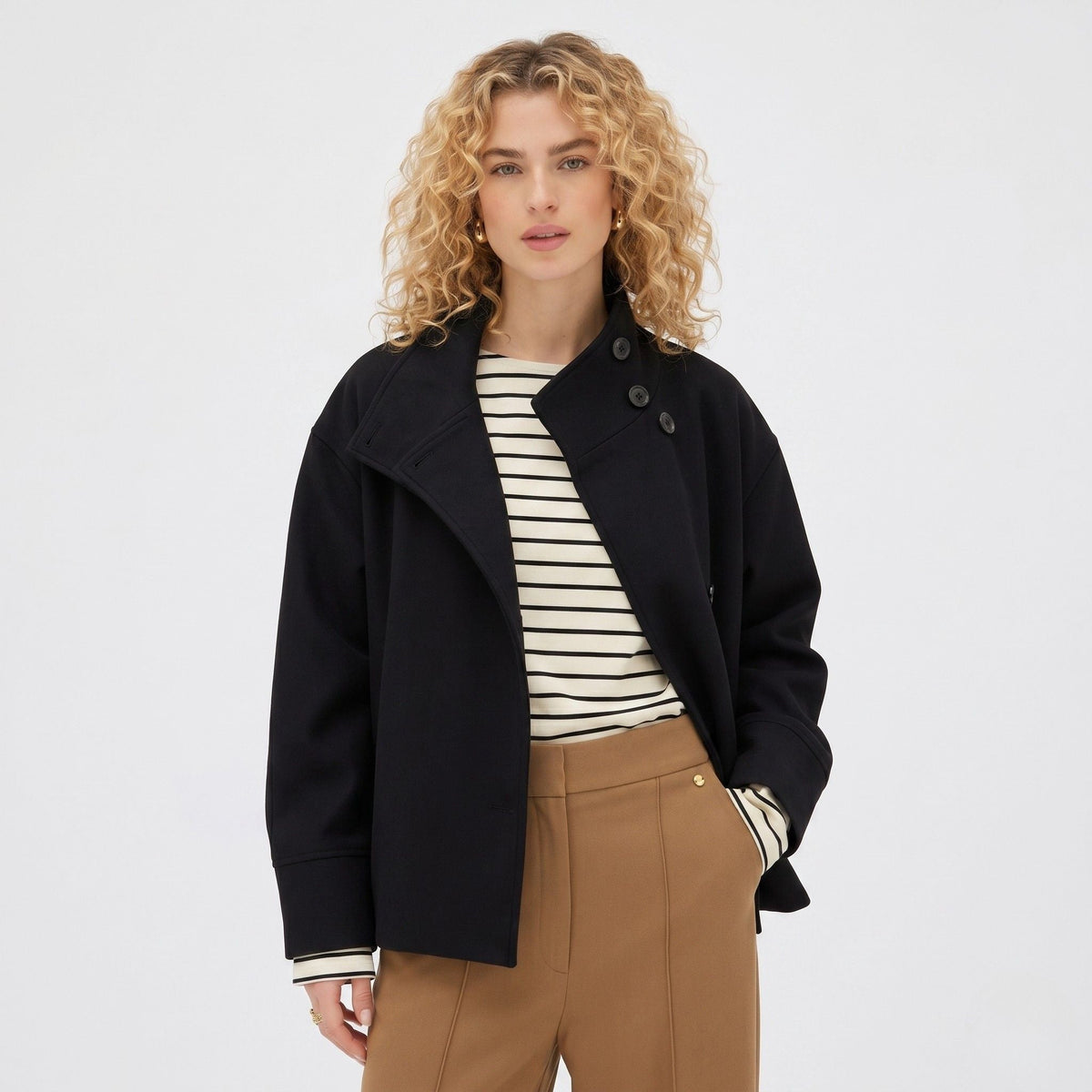Cropped funnel neck coat for women with asymmetric button front and dropped sleeves - view 4