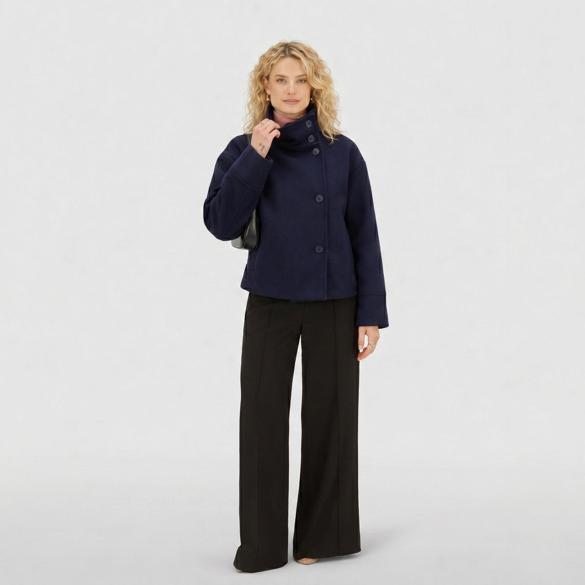 Cropped funnel neck coat for women with asymmetric button front and dropped sleeves - view 5