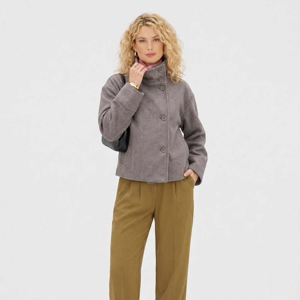Cropped funnel neck coat for women with asymmetric button front and dropped sleeves - view 6