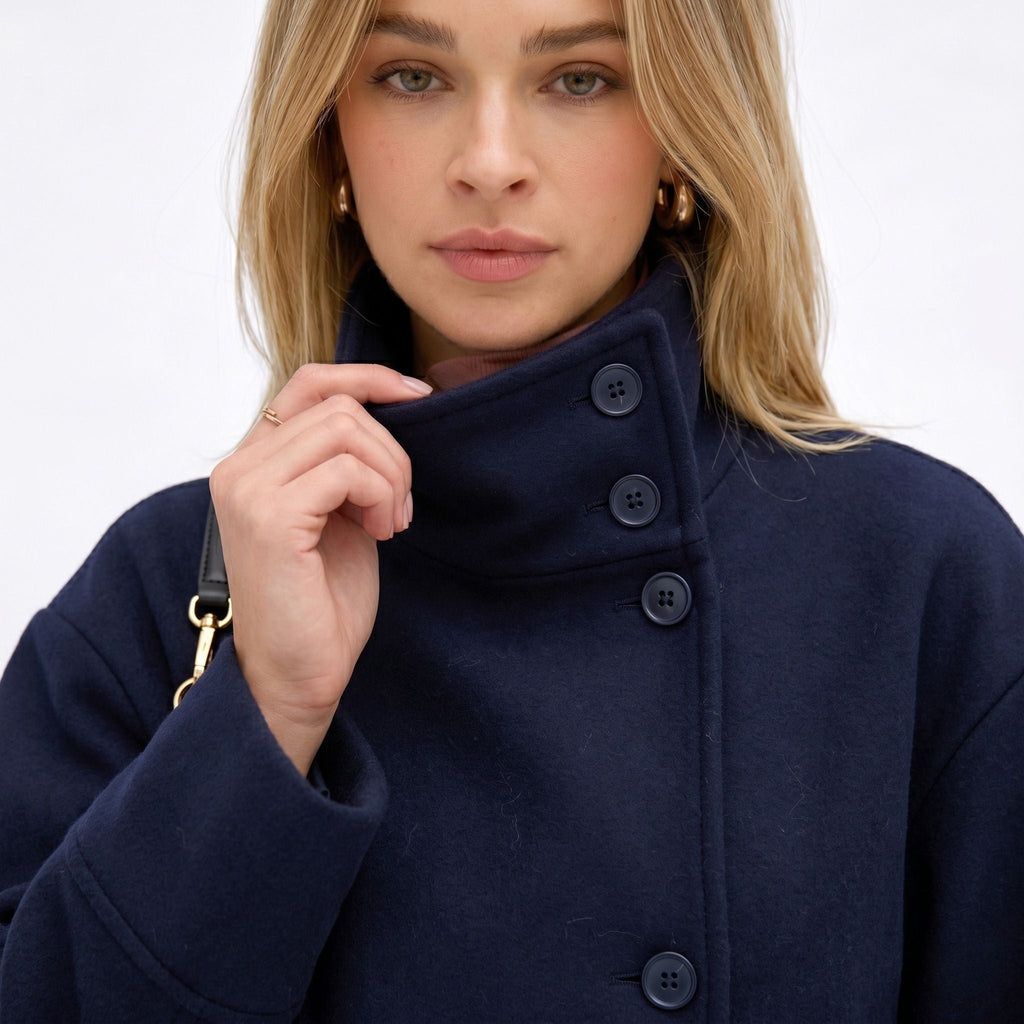 Cropped funnel neck coat for women with asymmetric button front and dropped sleeves - view 7