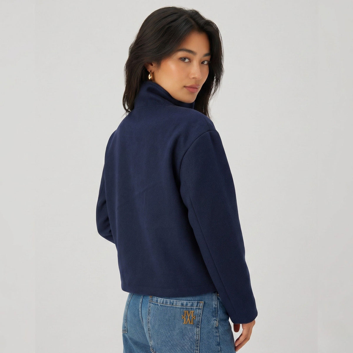 Cropped funnel neck coat for women with asymmetric button front and dropped sleeves - view 8