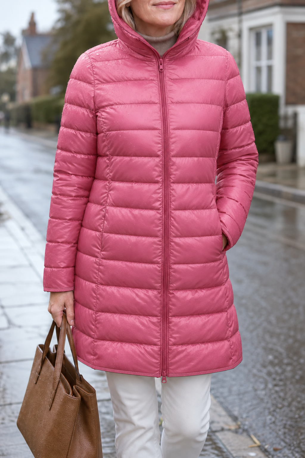 Women's long pink hooded puffer coat with quilted shell and front zip
