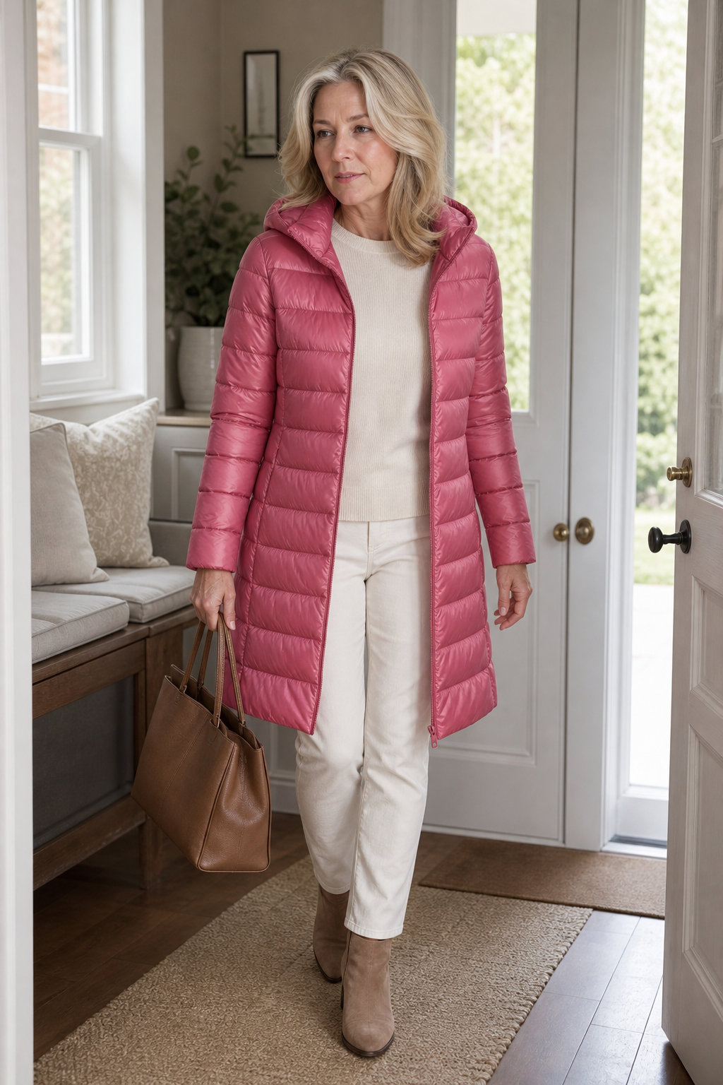 Women's long pink hooded puffer coat with quilted shell and front zip - view 10