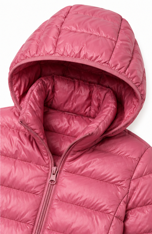 Women's long pink hooded puffer coat with quilted shell and front zip - view 13
