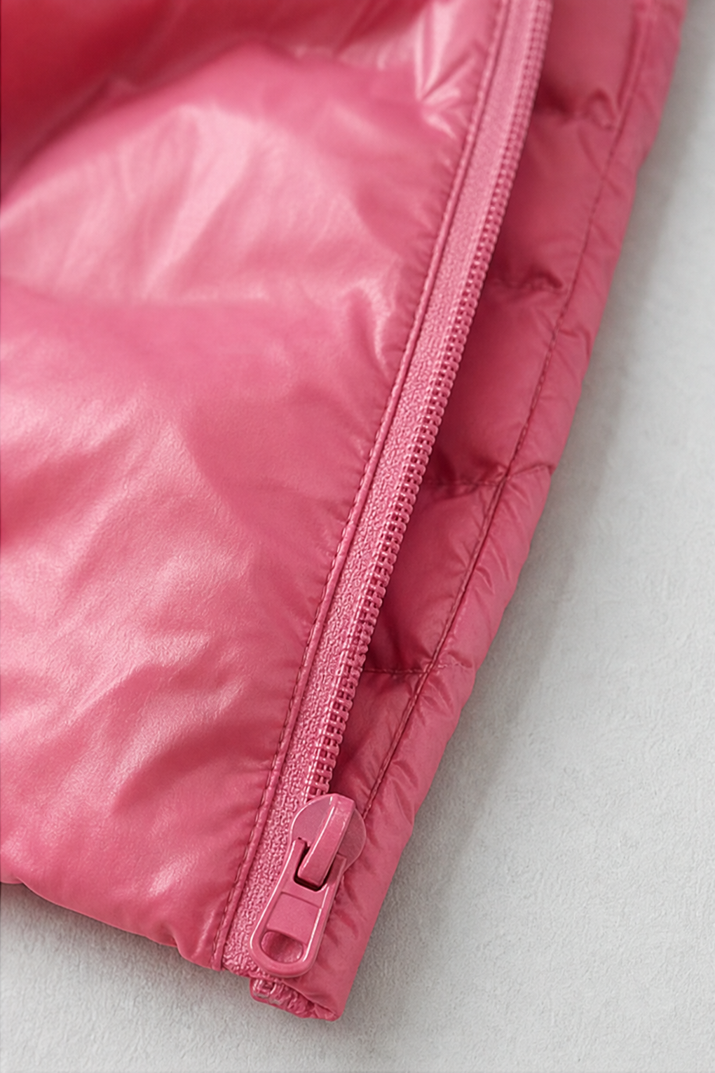 Women's long pink hooded puffer coat with quilted shell and front zip - view 14