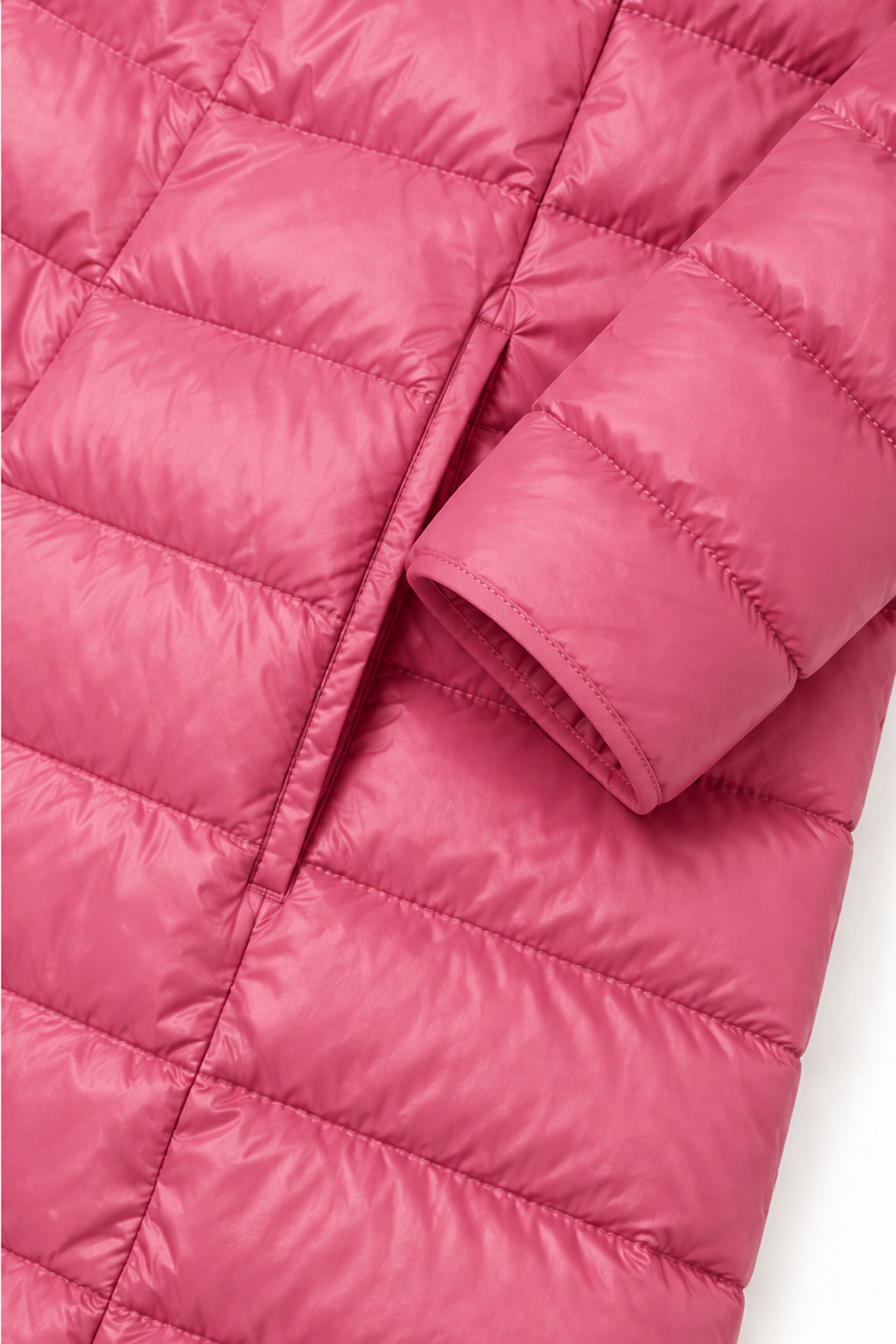 Women's long pink hooded puffer coat with quilted shell and front zip - view 15