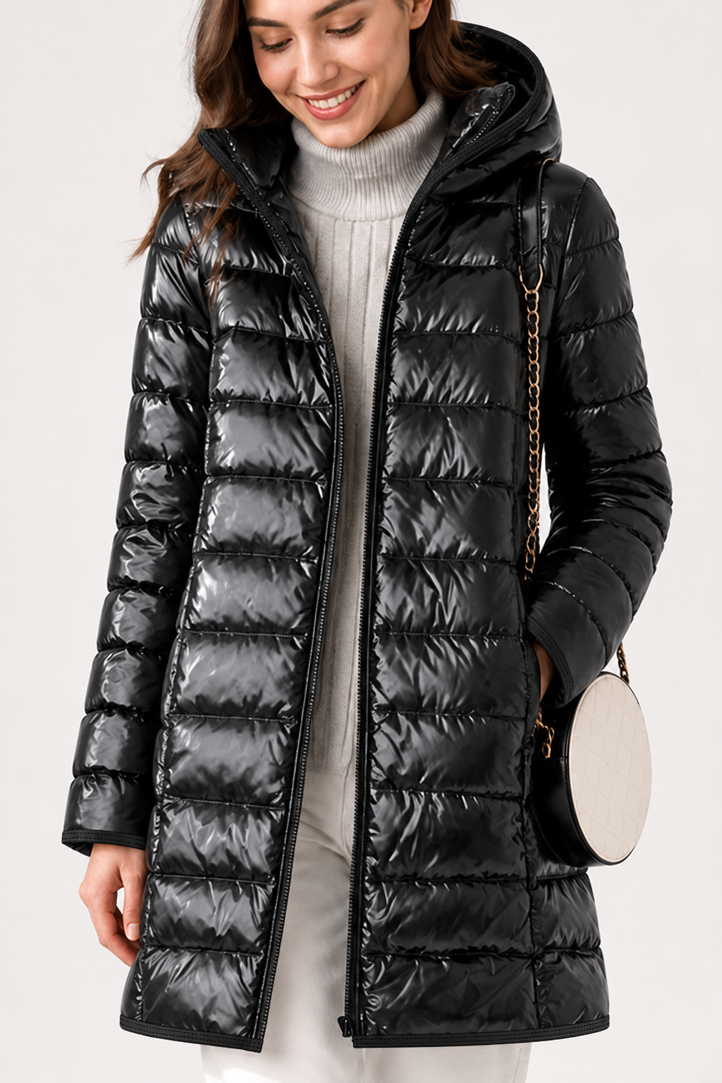 Women's long pink hooded puffer coat with quilted shell and front zip - view 22