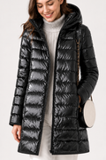 Women's long pink hooded puffer coat with quilted shell and front zip - view 22