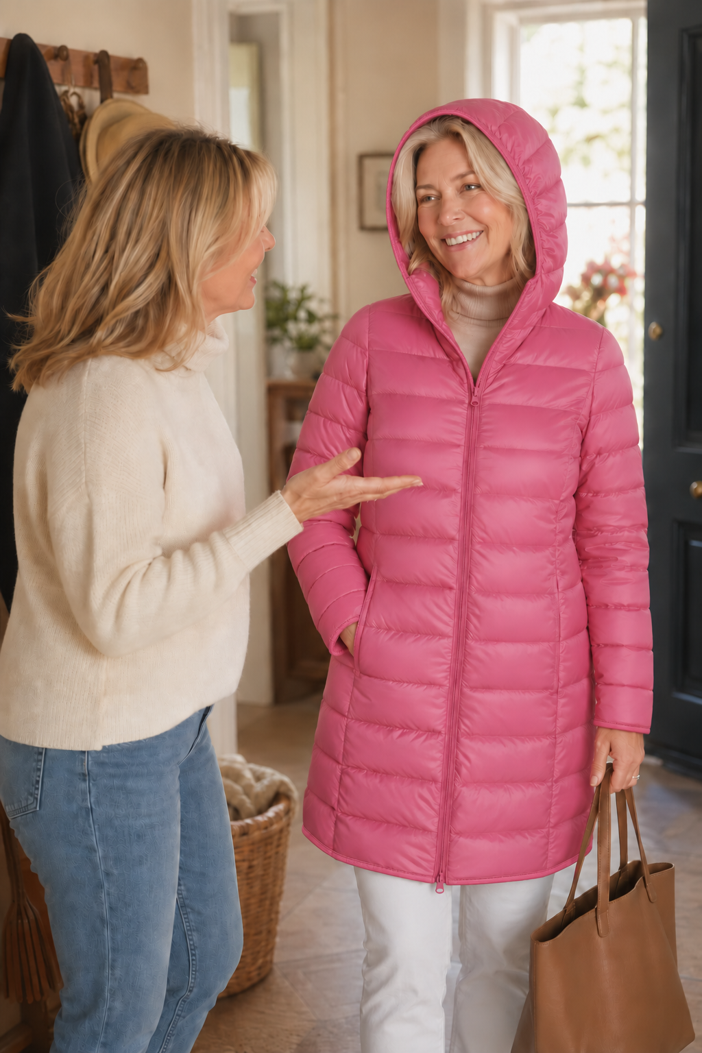 Women's long pink hooded puffer coat with quilted shell and front zip - view 3