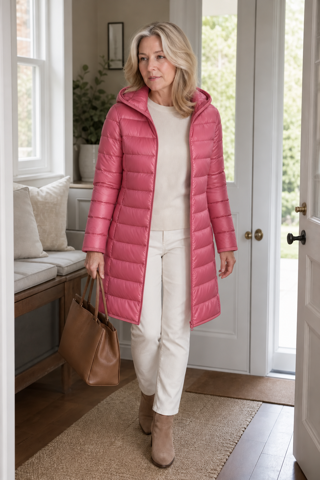 Women's long pink hooded puffer coat with quilted shell and front zip - view 4