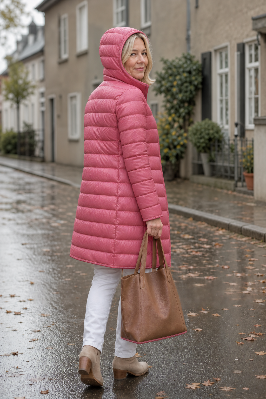 Women's long pink hooded puffer coat with quilted shell and front zip - view 5