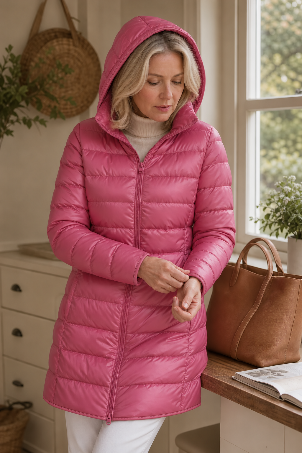 Women's long pink hooded puffer coat with quilted shell and front zip - view 6