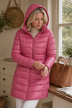 Women's long pink hooded puffer coat with quilted shell and front zip - view 6