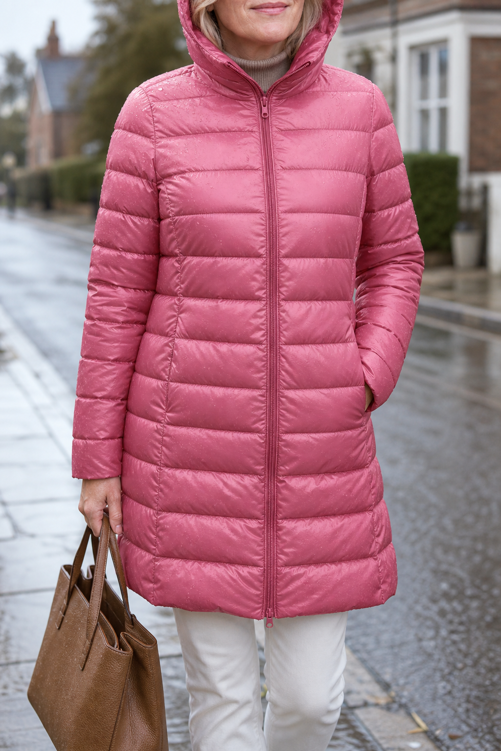 Women's long pink hooded puffer coat with quilted shell and front zip - view 7