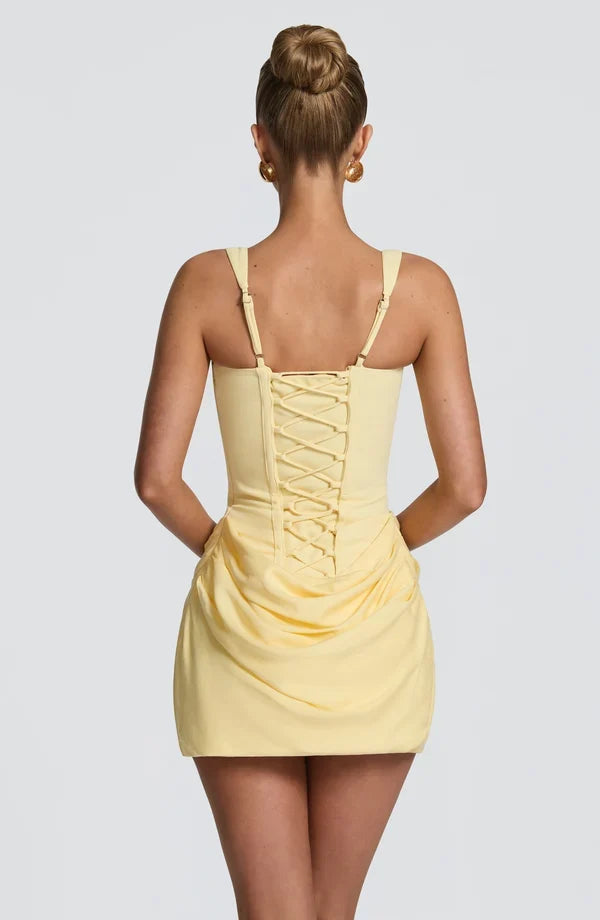 Corset mini dress with square neckline, draped skirt and lace-up back - view 2
