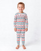 Family wearing matching reindeer print Christmas pajamas with gray ribbed cuffs - view 12
