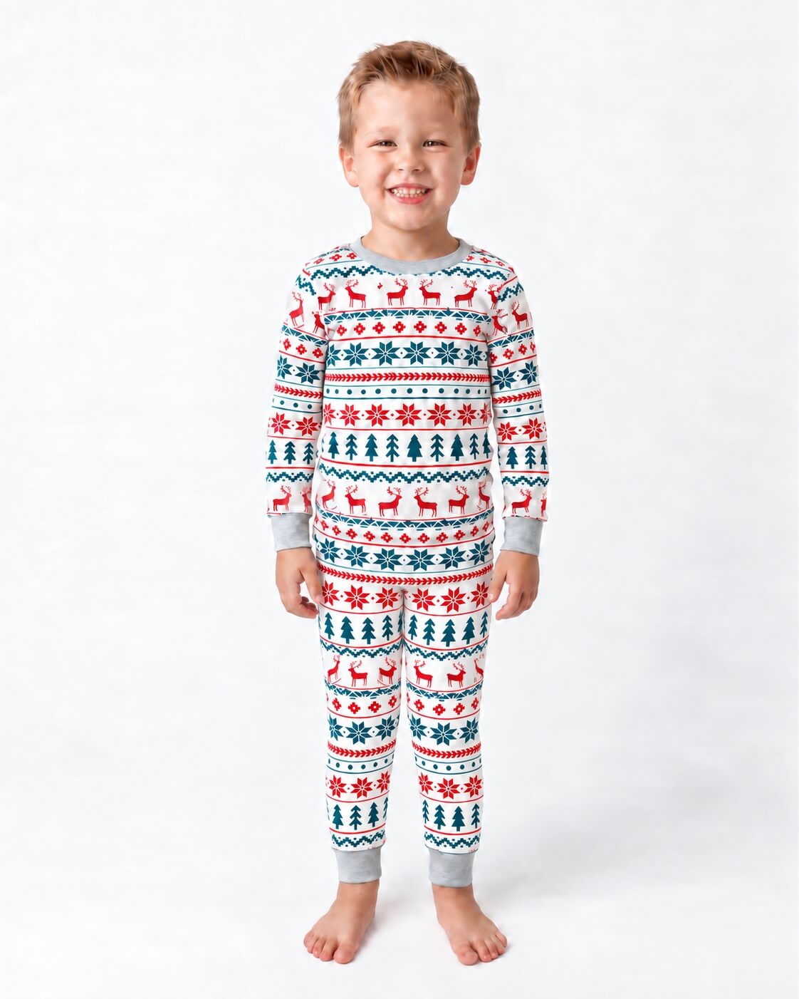 Family wearing matching reindeer print Christmas pajamas with gray ribbed cuffs - view 12