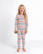 Family wearing matching reindeer print Christmas pajamas with gray ribbed cuffs - view 13