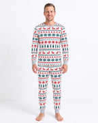 Family wearing matching reindeer print Christmas pajamas with gray ribbed cuffs - view 14