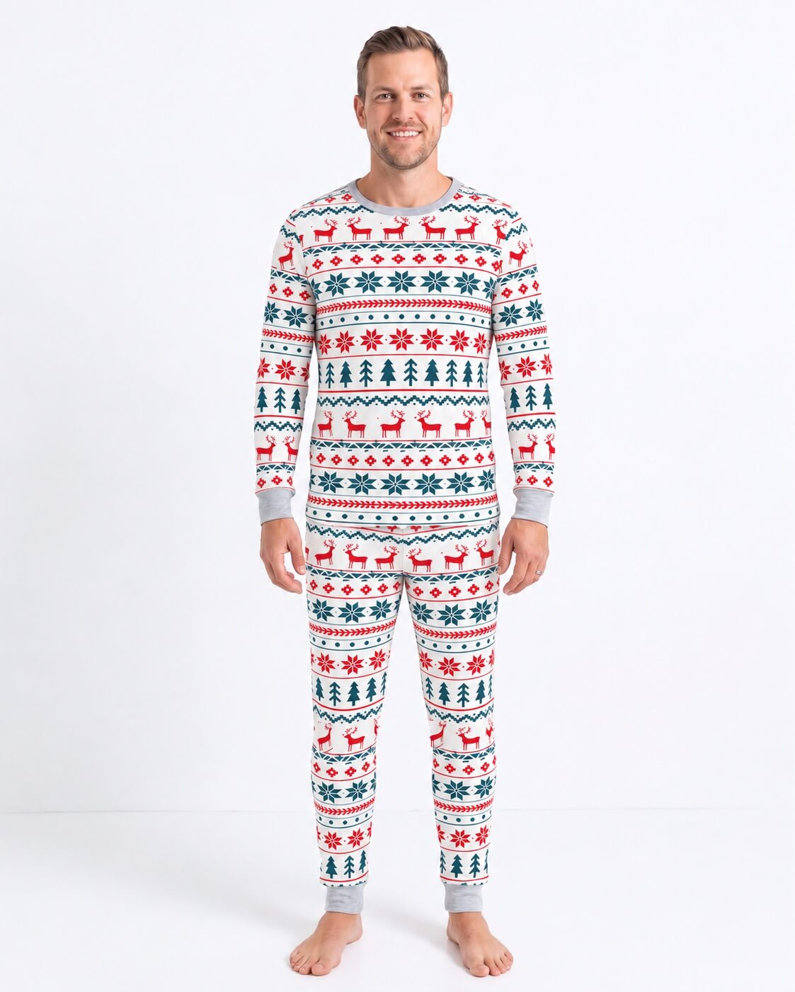 Family wearing matching reindeer print Christmas pajamas with gray ribbed cuffs - view 14