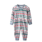 Family wearing matching reindeer print Christmas pajamas with gray ribbed cuffs - view 15