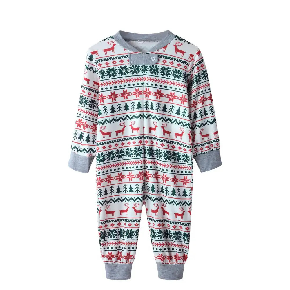 Family wearing matching reindeer print Christmas pajamas with gray ribbed cuffs - view 15
