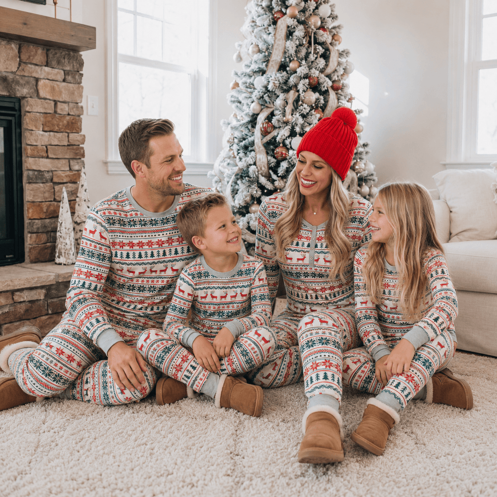 Family wearing matching reindeer print Christmas pajamas with gray ribbed cuffs - view 2