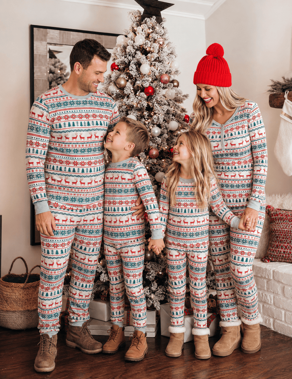 Family wearing matching reindeer print Christmas pajamas with gray ribbed cuffs - view 4