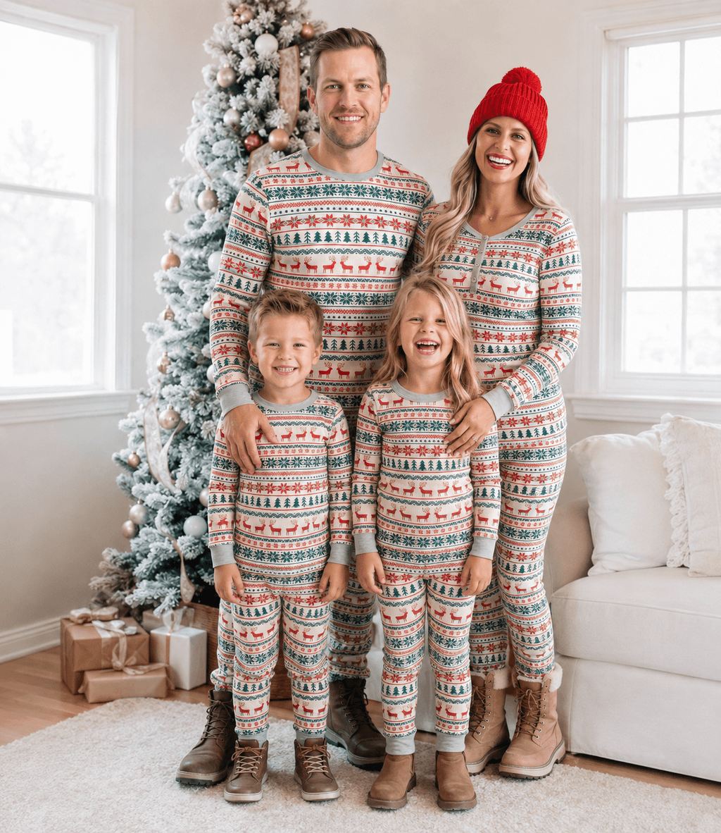 Family wearing matching reindeer print Christmas pajamas with gray ribbed cuffs - view 5