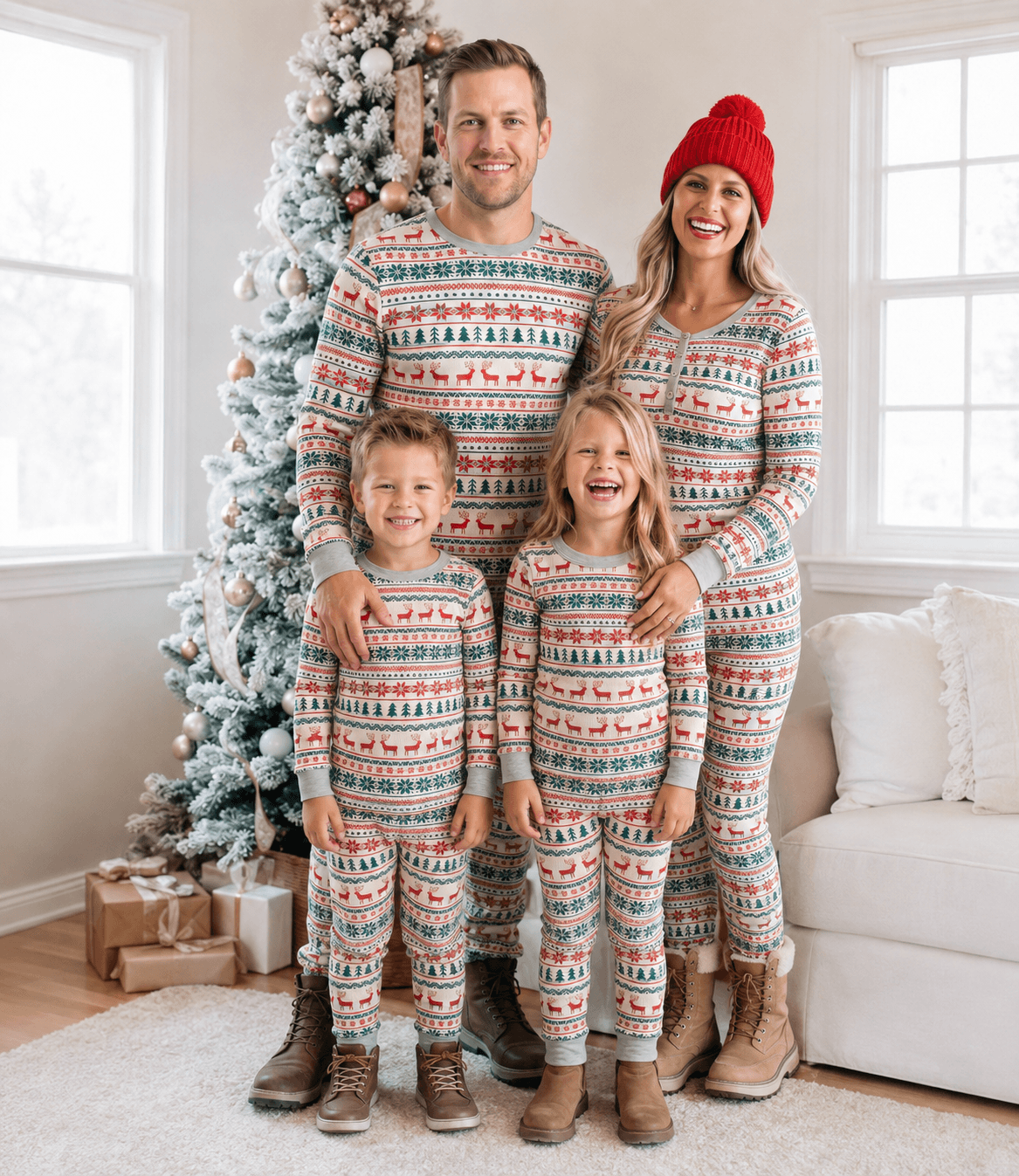 Family wearing matching reindeer print Christmas pajamas with gray ribbed cuffs - view 5