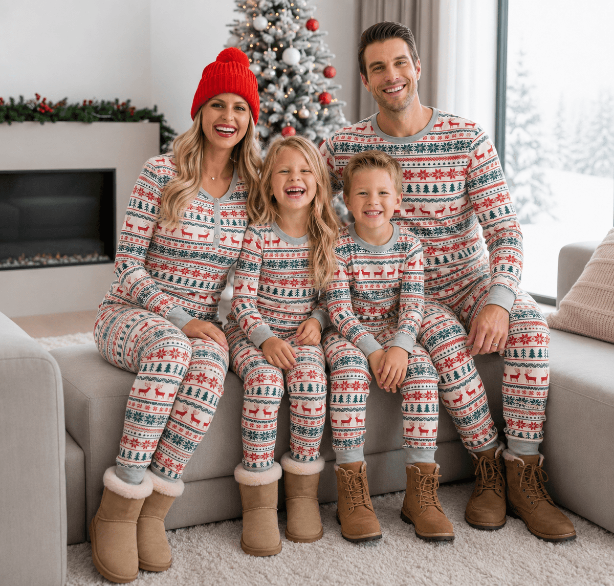 Family wearing matching reindeer print Christmas pajamas with gray ribbed cuffs - view 6