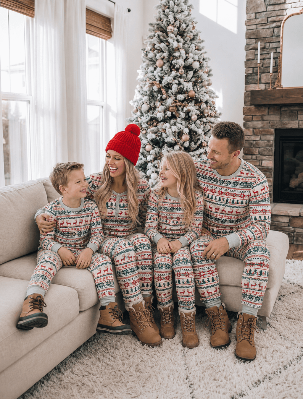 Family wearing matching reindeer print Christmas pajamas with gray ribbed cuffs - view 7