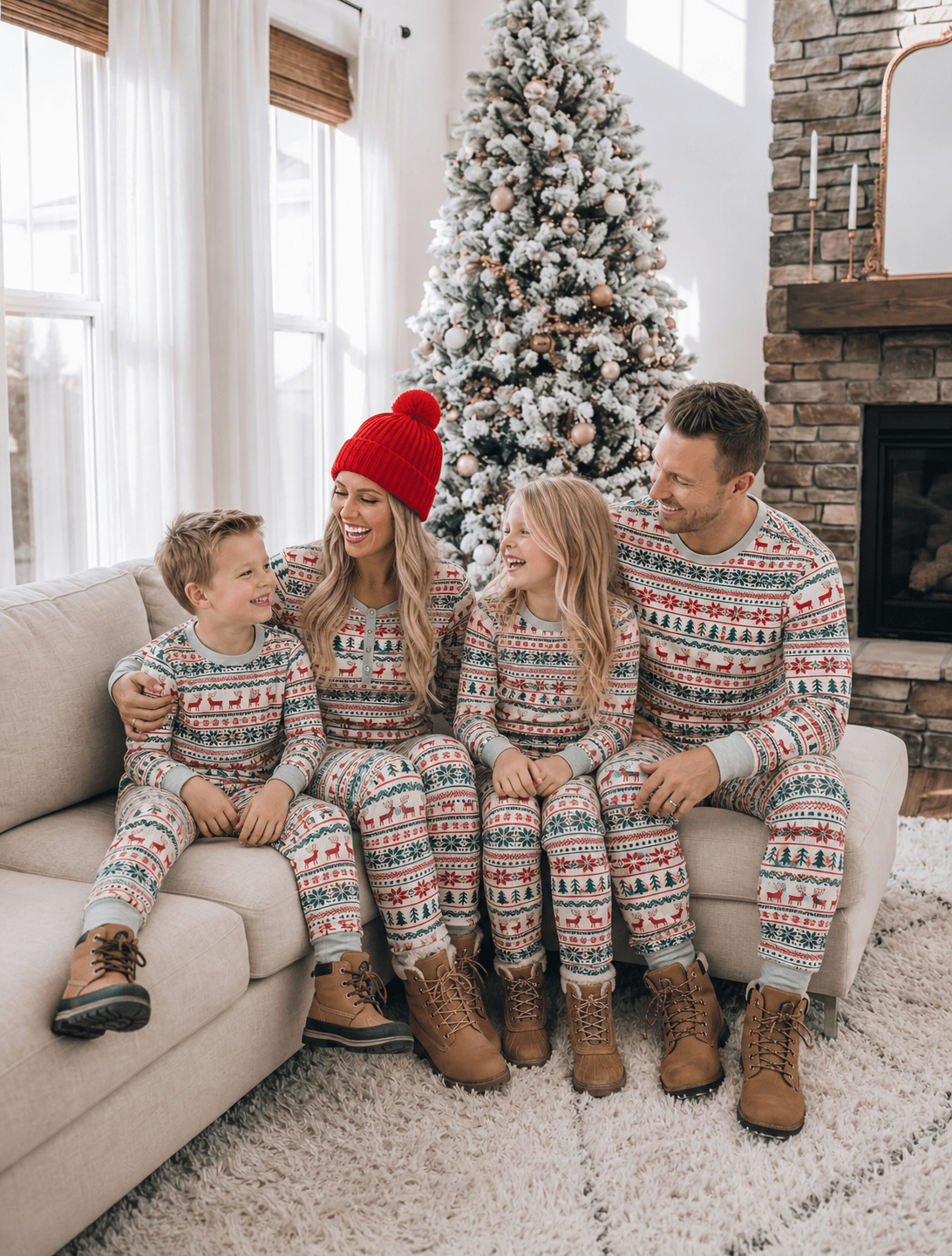 Family wearing matching reindeer print Christmas pajamas with gray ribbed cuffs - view 7