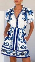 Scarf print mini party dress in pink and red with puff sleeves and button front - view 29