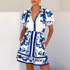 Scarf print mini party dress in pink and red with puff sleeves and button front - view 5