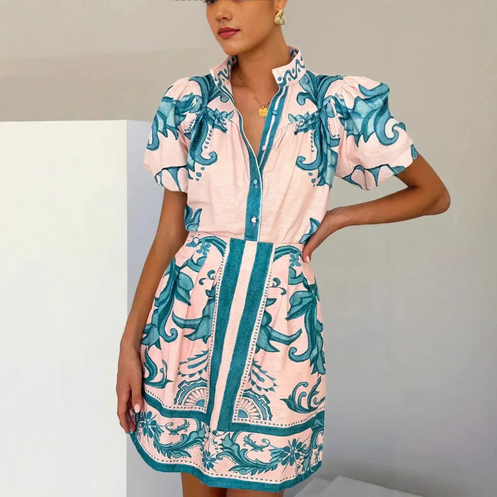 Scarf print mini party dress in pink and red with puff sleeves and button front - view 6